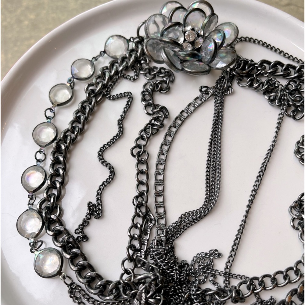 Vera Wang Multi-Strand Silver & Gunmetal Crystal Necklace With Rhinestone Flower - Picture 11 of 16